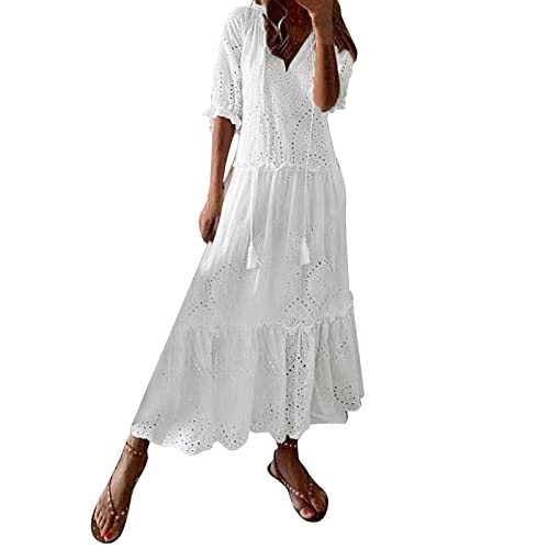 Damen Sommerkleid Lang Maxikleid Boho Volantkleider Sommer Kleider V Ausschnitte Freizeitkleid Halben Cut Out Strandkleid Weiß A Linien Volant-Kleid mit Kordelzug Bequem Maxi Kleid von LOSSLO