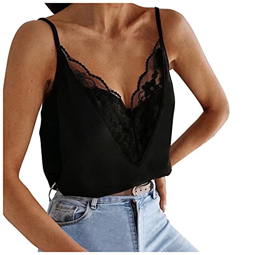 Damen Spitzentop Weiß -Trägertop Sexy V Ausschnitt Tank Top Sommer Spitzen Oberteile Spaghetti Top mit Spitze Blusentop Ärmelloses Blusen Camisole Weste T-Shirt Tanktops Frauen Cami Top von LOSSLO