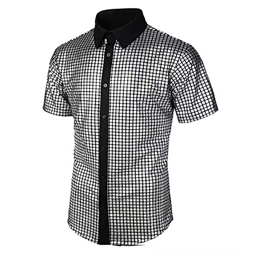 Disco Hemd Herren 70er,Pailletten Kleid Hemd Kurzarm Metallic Glänzend Anzug Slim Glitzer Discs Schlagermove Party Shirt Disco-Hemd Männer 80er Jahre Kleidung Mottoparty Nachtklub Karneval Kostüm von LOSSLO