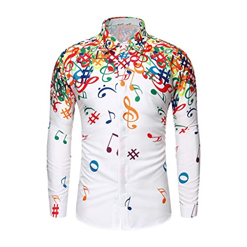 Disco Hemd Herren 70er,Party Shirt Langarm Hemd mit Stehkragen Musiknotendruck Discs Schlagermove Disco-Hemd Freizeit Männer 80er Jahre Kleidung Nachtklub Mottoparty Festlich Karneval Kostüm von LOSSLO