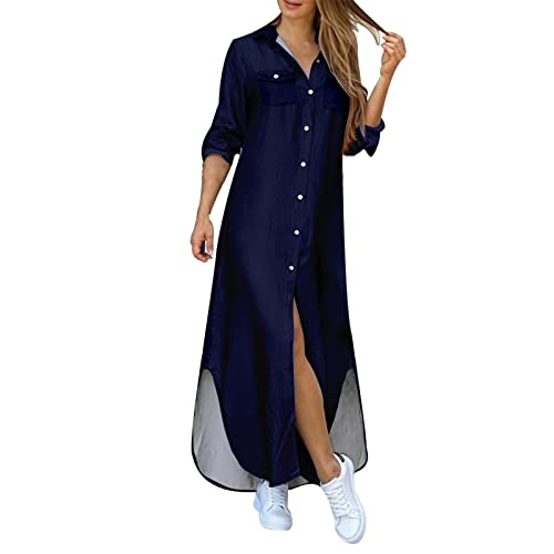 Hemdkleid Damen Lang -Maxikleid Damen Elegant,Lange Kleider Damen Langarm Freizeitkleid Tshirt Maxi Kleid V-Ausschnitte Knopfleiste Casual Shirtkleider mit Schlitz Strandkleid Beachwear Outwear von LOSSLO