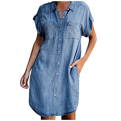 Jeanskleid Damen Sommer ,Sommerkleid Damen Knielang,Hemdkleid Damen mit Stehkragen Jeans Kleider Elegant Minikleid Kurzarm Denim Freizeitkleid Strandkleid Kurz Knopf Runter Shirtkleid Tunika Kleid von LOSSLO