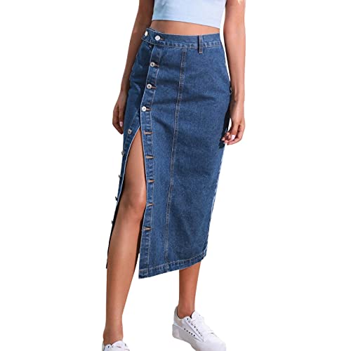 Jeansrock Damen Midi -Denim Rock Lang -Midirock Denim A-Linie Jean Röcke Elegant Knopfleiste Bleistiftrock Hoher Taille Vintage Pencil Skirt mit Schlitz Figurbetonter Wickelrock Freizeitrock von LOSSLO