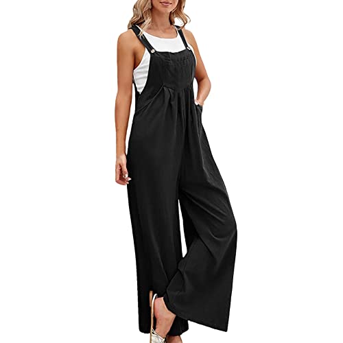 Jumpsuits Damen Sommer Elegant, Weite Bein Baggy Latzhose Damen,Einfarbiger Overall Damen Ärmellos Playsuits mit Taschen und Knöpfen Casual Einteiler Romper Strampler Locker Lässig von LOSSLO