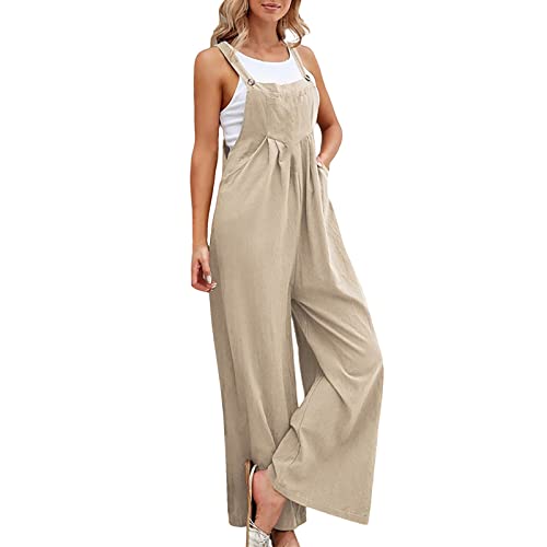 Jumpsuits Damen Sommer Elegant, Weite Bein Baggy Latzhose Damen,Einfarbiger Overall Damen Ärmellos Playsuits mit Taschen und Knöpfen Casual Einteiler Romper Strampler Locker Lässig von LOSSLO