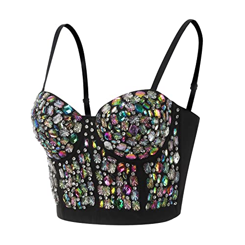 Korsett Top Damen Party ,Bustier Damen Sexy,Glitzer Crop Top Damen Push Up BH Strass Spaghetti Tank Top Trägertop Sparkle Corsage Schlanke Weste Rave Clubwear Unterhemd Top Camisole Tanktops Frauen von LOSSLO