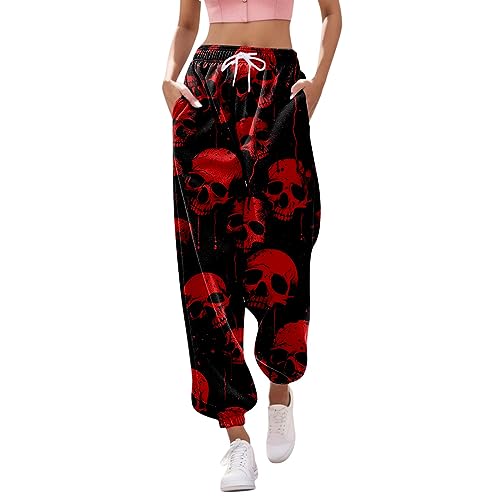 LOSSLO Gothic Hose Damen Schwarz,Punk Hose Damen,Jogginghose Damen Lang High Waist Sport Yoga Hosen Retro Haremshosen Baggy Laufhose mit Totenkopf Print Track Pants Streetwear Party Halloween Kostüm von LOSSLO