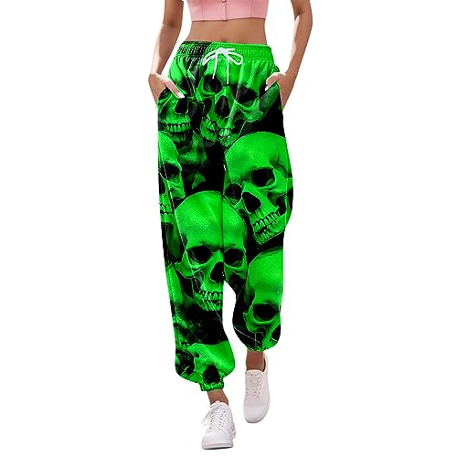 LOSSLO Gothic Hose Damen Schwarz,Punk Hose Damen,Jogginghose Damen Lang High Waist Sport Yoga Hosen Retro Haremshosen Baggy Laufhose mit Totenkopf Print Track Pants Streetwear Party Halloween Kostüm von LOSSLO