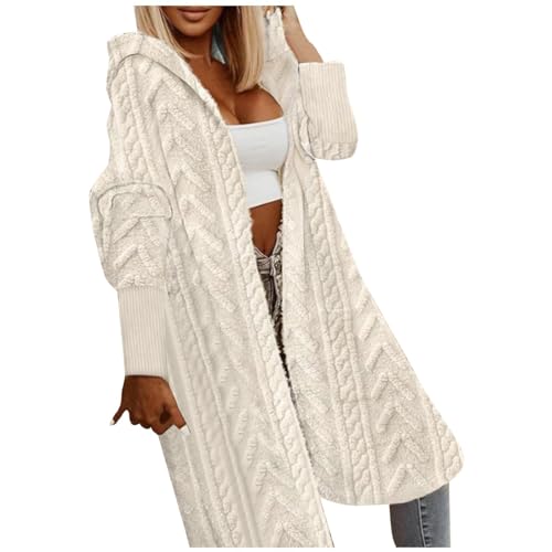 LOSSLO Strickjacke Damen Lang mit Kapuze -Strickmantel WinterGrobstrickjacke Oversize Longstrickjacke Strickcardigan Langarm Grobstrick Cardigan Einfarbig Strickjacken Mantel Kapuzenjacke von LOSSLO