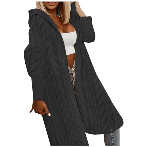 LOSSLO Strickjacke Damen Lang mit Kapuze -Strickmantel WinterGrobstrickjacke Oversize Longstrickjacke Strickcardigan Langarm Grobstrick Cardigan Einfarbig Strickjacken Mantel Kapuzenjacke von LOSSLO