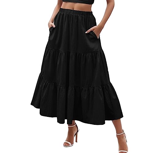 Maxirock Damen Lang -Volant Rock Damen Boho -Faltenrock Damen Elegant Einfarbig Freizeitrock Elastischer Bund Maxi Rock A-Linie Rüschen Plisseerock Lange Röcke Hohe Taille Damenrock mit Taschen von LOSSLO