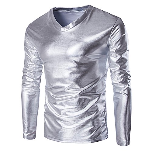 Metallic Shirt Herren Langarm,Glitzer Oberteil Herren Roundhals,Glänzend Langarmshirt Herren Roundhals Muskelshirt Unterhemd 70er 80er Jahre Kostüm Disco Hemd Party Outfit Männer Karneval Kostüm von LOSSLO