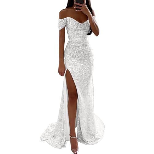 Off Shoulder Abendkleid Damen Lang,Glitzer Kleid Damen,Damen Abendkleider Elegant für Hochzeit Sexy A Linie Elegant Paillettenkleid mit Schlitz Mode Abendkleider Lässig Locker Partykleid Hochzeit von LOSSLO