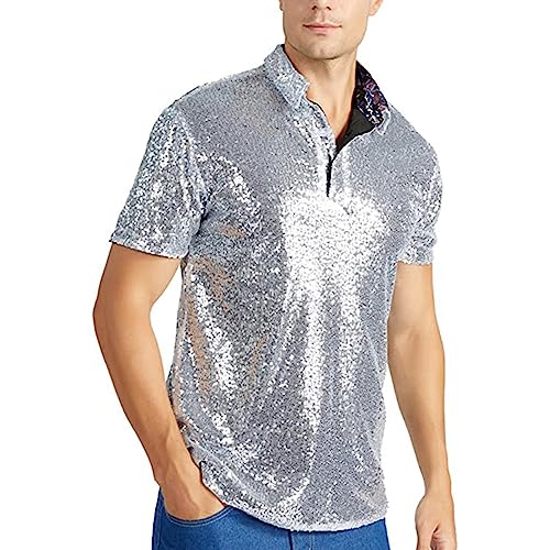 Pailletten Hemd Herren Kurzarm,Glitzerhemd Herren Polo Shirt,Glitzer Hemd Herren Slim Fit T-Shirt Karneval Kostüm Poloshirt T-Shirt 70er 80er Disco Faschings Party Kostüm Glitzer Outfit Männer von LOSSLO