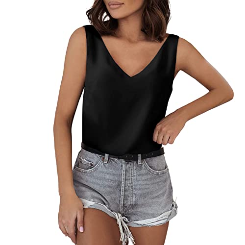 Satin Tank Top Damen Sommer,Trägertop Damen Sexy,V-Ausschnitt Blusentop Damen Ärmellose Silk Cami Lässige Weste Camisole T-Shirt Strap Oberteile Blusen Shirt Tanktops & Träger-Tops für Frauen von LOSSLO