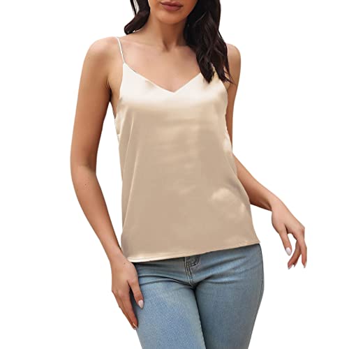 Satin Top Damen Elegant, Spaghetti Top Damen,Tank Top Damen V Ausschnitt Cami Tops Trägertop Sexy Oberteile Ärmellos Camisole Lose Weich Tanktops Frauen Einfarbig Vest Shirt Party Weste Tunika von LOSSLO