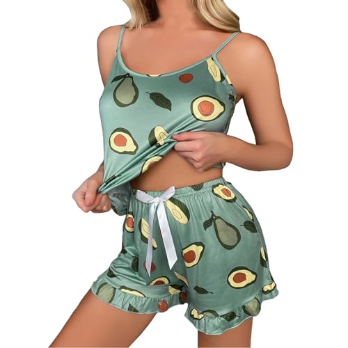 Schlafanzug Damen Kurz ,Pyjama Set Damen Sommer,Zweiteiliger Nachtwäsche Damen Ärmellos Hausanzug 2-teilig Top und Pyjamahose Avocado Muster Loungewear Freizeitanzug Sleepwear Schlafanzüge Frauen von LOSSLO