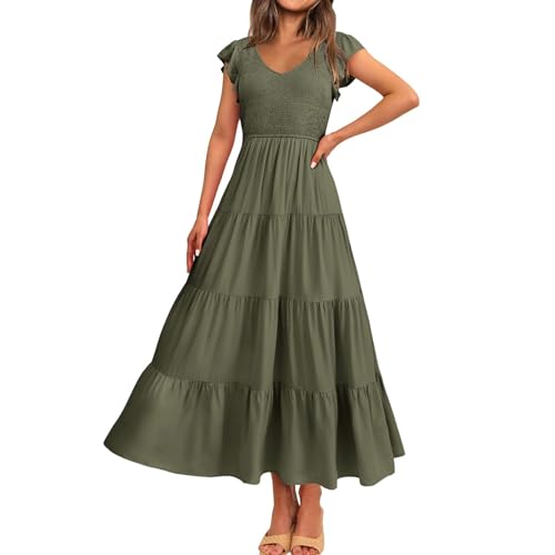 Sommerkleid Damen Lang, Strandkleid Damen Sommer,Stufenkleid Damen Elegant V Ausschnitt Swing Kleid Mode Pliseekleider Bedrucken Flügelärmel Freizeitkleid A Linien Lange Kleider Maxikleid von LOSSLO