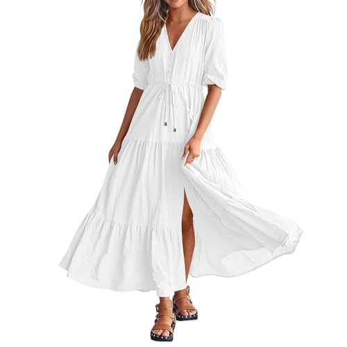 Sommerkleid Damen Lang, Strandkleid Damen Sommer,Swing Kleid Damen Elegant V Ausschnitt Stufenkleid mit Knopfleiste Halbe Ärmel Lange Kleider mit Schlitz Freizeitkleid Plisseekleid Damenkleid von LOSSLO