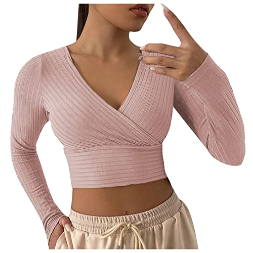 Strick Oberteil Damen Crop Top ,Langarmshirt Damen V-Ausschnitt,Stricktop Damen Weiß Strickpullover Enge Tshirts Bauchfreie Tops Einfarbig Bluse Elegant Pullover Wickeloberteil für Frauen Herbst von LOSSLO