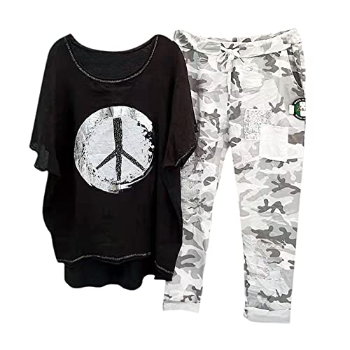 Zweiteiler Damen Sommer Freizeitanzug -Damen Set Hose und Oberteil Einfarbig Breite Hosen + T Shirts mit Halben Ärmel Jogginganzug Hausanzug Bequeme Loungewear Streetwear Hosenanzug Elegant 2 Teiler von LOSSLO