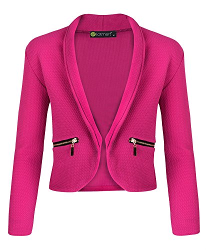 LOTMART Mädchen langärmlig offene Vorderseite Reißverschluss Tasche Jacke Kinder Blazer Strickjacke TOP - Kirschrot, 134-140 von LOTMART