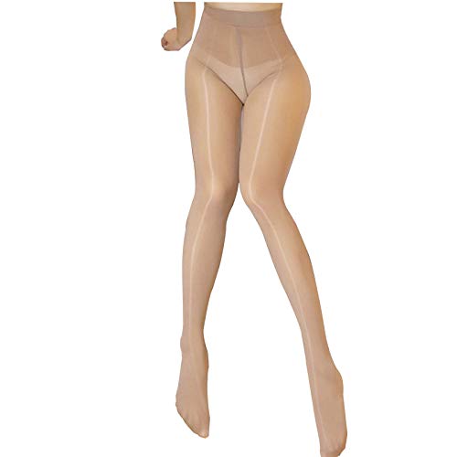 HTRUIYATY Strumpfhosen für Damen Glänzende Strumpfhose Hoher Taille Dehnbar Stützstrumpfhose Semi-Blickdicht Feinstrumpfhose 8d Damen Sexy Beige von HTRUIYATY