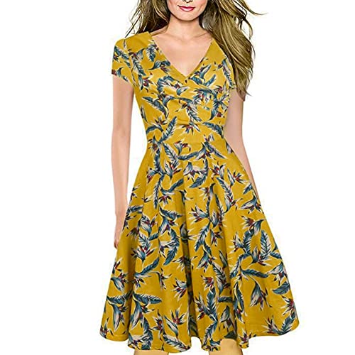 Kleid Elegant Damen Sommer, Vintage Blumen Kleid Gelb, Sexy Kleid V-Ausschnitt, Knielang und Ausgestelltem Rock Unterteil(L) von LOVEXIU