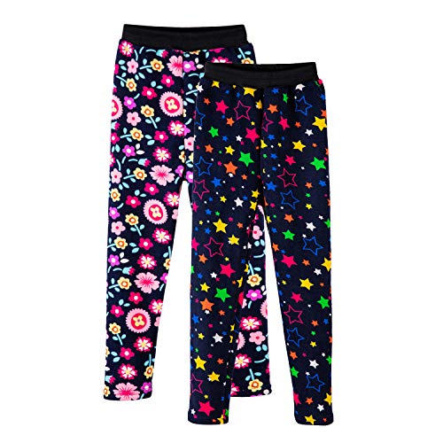 LPATTERN Kinder Mädchen 2 teilig Winter Leggings Thermo Leggins Stretch Strumpfhose Lange Hose Fleece-gefüttert, Sonnenblumen+ Farbig Sternen, 146(Label:160) von LPATTERN