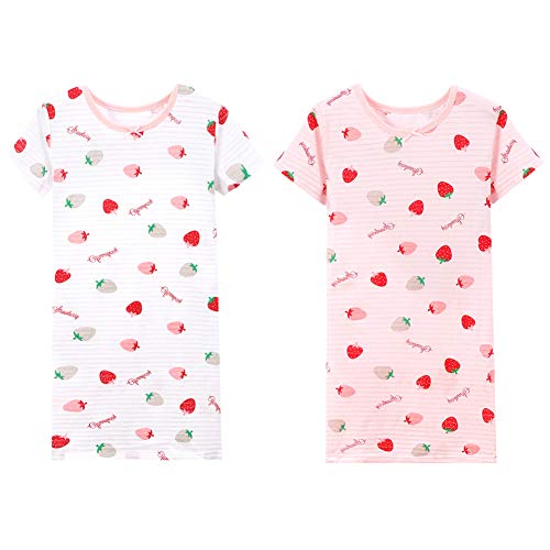 LPATTERN Kinder Mädchen Süß Nachthemd Baumwolle Nachtwäsche Nachtkleid Schlafanzug Sleepwear mit Kurzarm, Weiß Rosa B | Erdbeere 2er Pack, 164(Label: 170) von LPATTERN