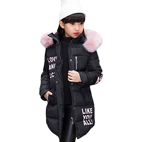 LPATTERN Kinder Mädchen Winterjacke Parka Mantel Baumwolle-gefüllte Steppjacke Outfit mit abnehmbar Fellkapuze- Buchstabe Motiv, Schwarz, 134-140(Label:140) von LPATTERN