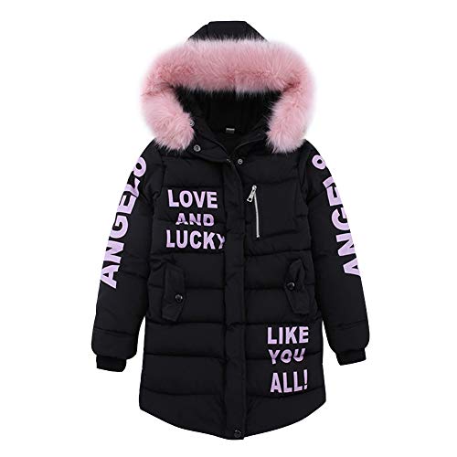 LPATTERN Kinder Mädchen Winterjacke Parka Mantel Baumwolle-gefüllte Steppjacke Winter Kleidung Outfit mit abnehmbar Fellkapuze- Buchstabe Motiv, Schwarz, 122-128 von LPATTERN