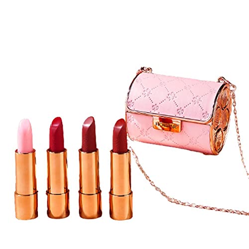 Kette Tasche Lippenstift Set 4 Farbe Langlebig Matte Lippenstift Weiß Leder Geschenkbox Set für Mädchen Frauen Make-up Kosmetik Lippenstift von LQQDREX