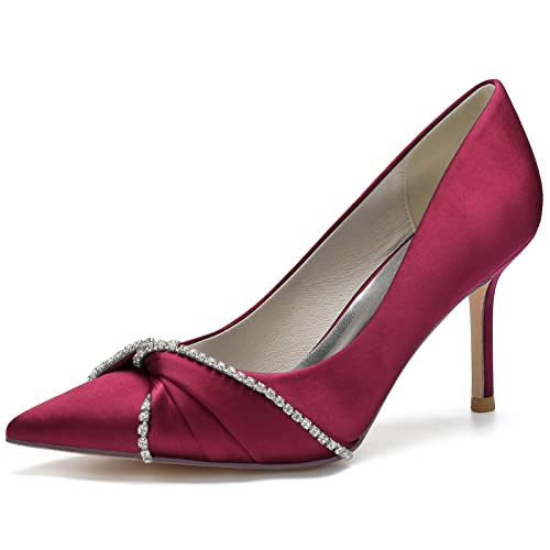 Damen Brautschuhe Closed Toe 8.5cm Stöckelabsatz Strass Satin Pumps Slip on Elfenbein Hochzeitsschuhe,Burgundy,37 EU von LRMYMHY