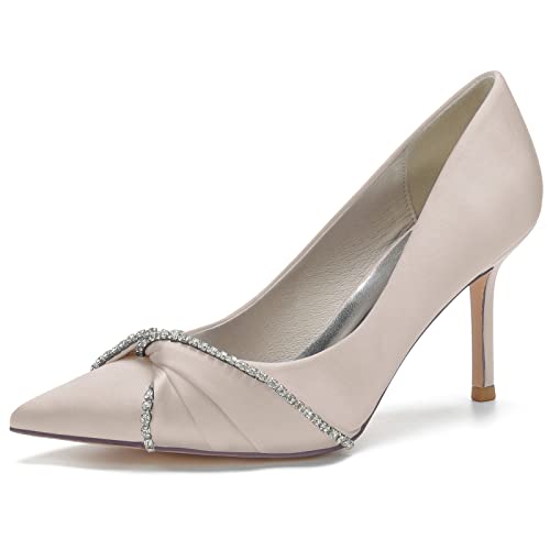 Damen Brautschuhe Closed Toe 8.5cm Stöckelabsatz Strass Satin Pumps Slip on Elfenbein Hochzeitsschuhe,Champagne,36 EU von LRMYMHY