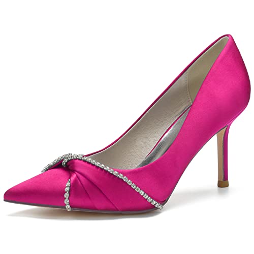 Damen Brautschuhe Closed Toe 8.5cm Stöckelabsatz Strass Satin Pumps Slip on Elfenbein Hochzeitsschuhe,Fuchsia,36 EU von LRMYMHY