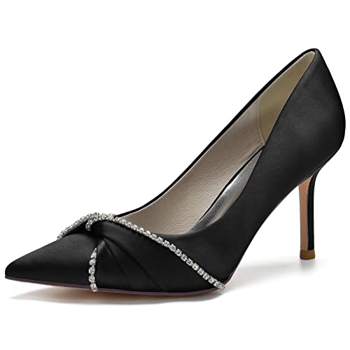 Damen Brautschuhe Closed Toe 8.5cm Stöckelabsatz Strass Satin Pumps Slip on Elfenbein Hochzeitsschuhe,Schwarz,37 EU von LRMYMHY