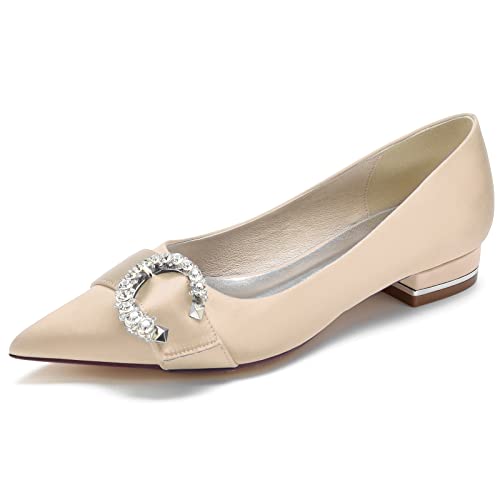 Damen Flats mit spitzer Zehenpartie Satin Hochzeit Brautschuhe Slip on Abschlussball Party Pumps Con Strass,Champagne,42 EU von LRMYMHY