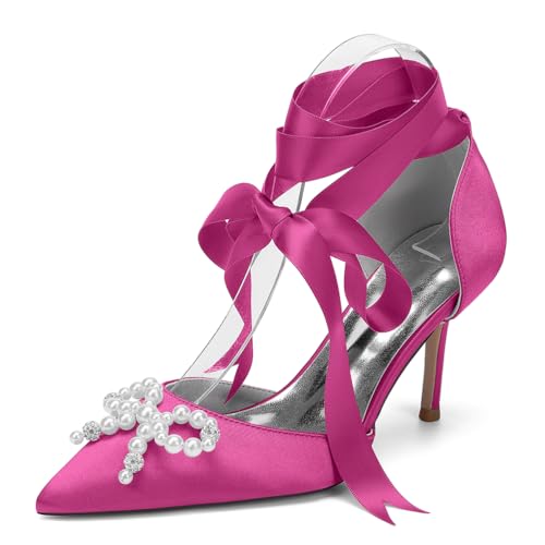 Damen Geschlossene Spitze Brautschuhe Für Braut High Heel Brautkleid Schuhe Band Krawatte Abschlussball Party Arbeit Brautjungfer Pumps,Fuchsia,42 EU Damen Geschlossene Spitze Brautschuhe Für Braut High Heel Brautkleid Schuhe Band Krawatte Abschlussball Party Arbeit Brautjungfer Pumps,Fuchsia,42 EU von LRMYMHY