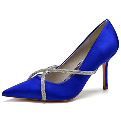 Damen Geschlossene Spitzen Zehen Brautschuhe 8.5cm Stöckelabsatz Satin Pumps Satin Slip-on Hochzeitsschuhe Con Strass,Blau,37 EU von LRMYMHY