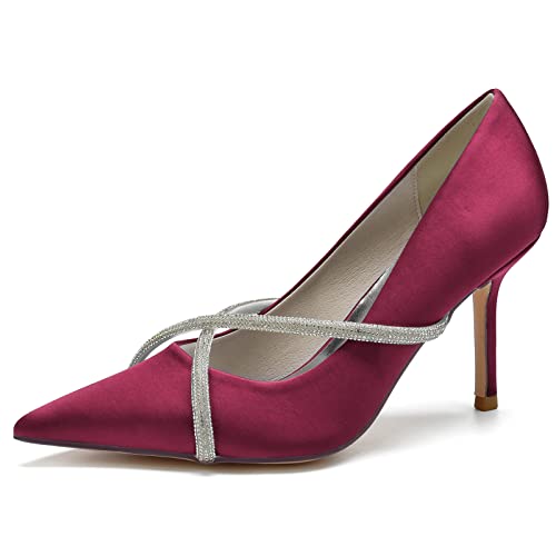 Damen Geschlossene Spitzen Zehen Brautschuhe 8.5cm Stöckelabsatz Satin Pumps Satin Slip-on Hochzeitsschuhe Con Strass,Burgundy,36 EU von LRMYMHY