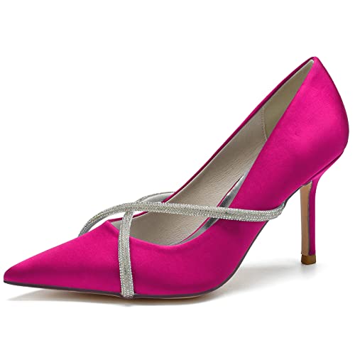 Damen Geschlossene Spitzen Zehen Brautschuhe 8.5cm Stöckelabsatz Satin Pumps Satin Slip-on Hochzeitsschuhe Con Strass,Fuchsia,38 EU von LRMYMHY