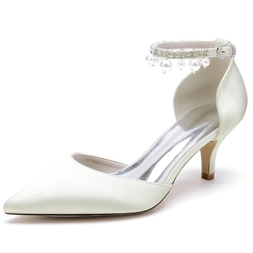 Damen Perle Knöchelriemen Pumps Mid Kitten Heel Satin Brautschuhe Spitze Zehe Party Brautkleid Schuhe,Elfenbein,39 EU Damen Perle Knöchelriemen Pumps Mid Kitten Heel Satin Brautschuhe Spitze Zehe Party Brautkleid Schuhe,Elfenbein,39 EU von LRMYMHY