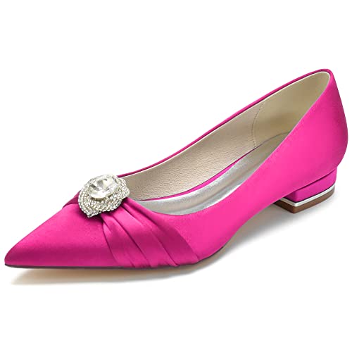 Damen Pumps mit niedrigem Absatz, geschlossene Zehenpartie, Spitze Hochzeits-Brautschuhe mit Strass,Fuchsia,40 EU von LRMYMHY