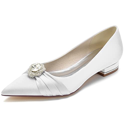 Damen Pumps mit niedrigem Absatz, geschlossene Zehenpartie, Spitze Hochzeits-Brautschuhe mit Strass,Weiß,41 EU von LRMYMHY