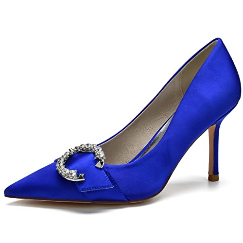 Damen Satin Spitze Zehen High Heel Hochzeitsschuhe Slip Auf Brautschuhe Mit Strass Abendschuhe Für Partei,Blau,38 EU von LRMYMHY