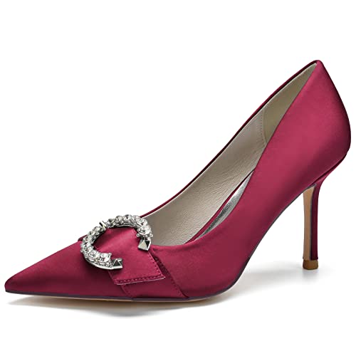 Damen Satin Spitze Zehen High Heel Hochzeitsschuhe Slip Auf Brautschuhe Mit Strass Abendschuhe Für Partei,Burgundy,37 EU von LRMYMHY