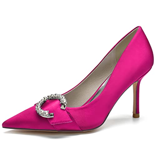 Damen Satin Spitze Zehen High Heel Hochzeitsschuhe Slip Auf Brautschuhe Mit Strass Abendschuhe Für Partei,Fuchsia,37 EU von LRMYMHY