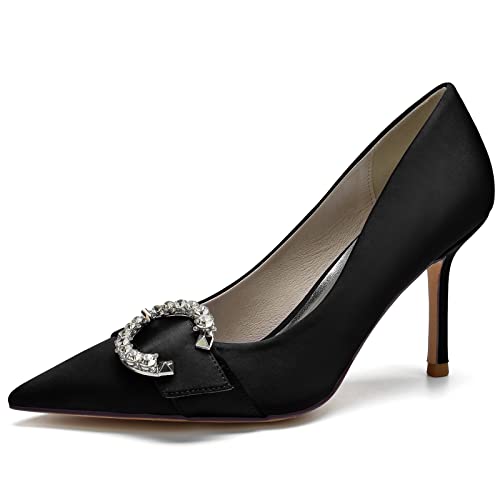 Damen Satin Spitze Zehen High Heel Hochzeitsschuhe Slip Auf Brautschuhe Mit Strass Abendschuhe Für Partei,Schwarz,37 EU von LRMYMHY