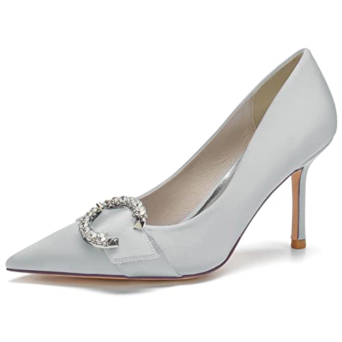 Damen Satin Spitze Zehen High Heel Hochzeitsschuhe Slip Auf Brautschuhe Mit Strass Abendschuhe Für Partei,Silber,36 EU von LRMYMHY